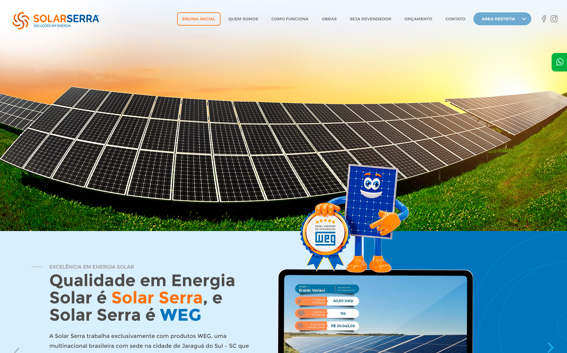 tela inicial do site solarserra.com.br