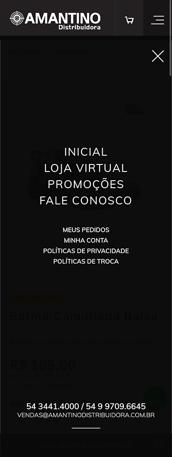 tela mobile do site amantinodistribuidora.com.br/